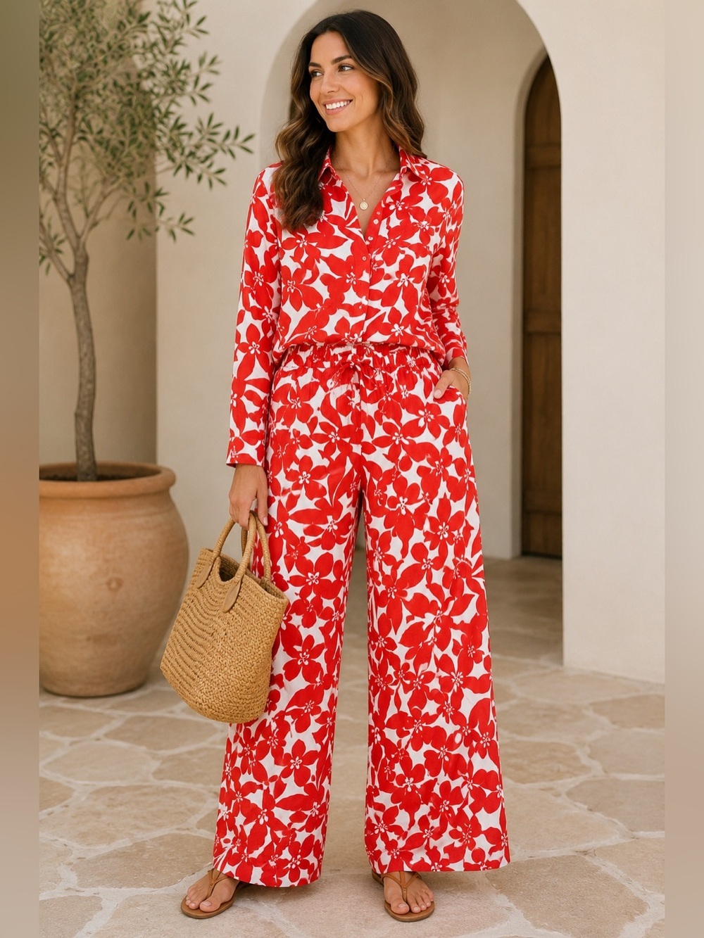 LOFT Red White Floral Matching Set Button Shirt S & Wide Leg Pants M